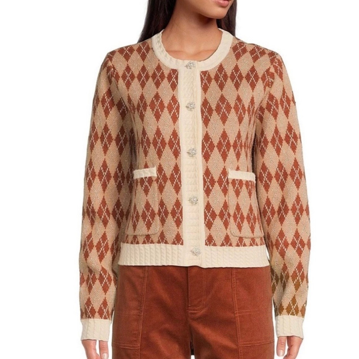 Skies Are Blue Cardigan Sweater Size S Cream Brown Argyle Faux Pearl Buttons